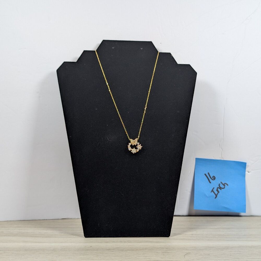 Gold Tone Butterfly Pendant Necklace 16" Rhinestone Floral Wreath